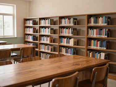 Quiet school library with bookshelves filled with books, wooden reading tables and chairs, soft natural window light