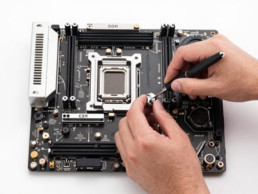 Overhead studio shot of a PC motherboard with hands using precision tools adjusting a component, even flat white light from above, component labels and heatsink fins sharply in focus