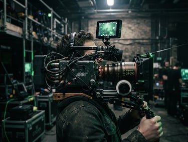 Gritty close-up of a professional cinema camera rig on a shoulder mount, harsh neon green reflections, dark industrial London studio background, 35mm film grain