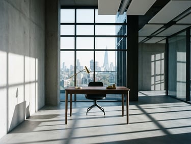 Modern architectural interior, sharp window shadows, cool-toned daylight, high-contrast, minimalist office interior with a single brass accent, 35mm lens