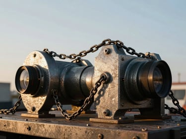 Close-up of specialized rigging gear securing a unique, oddly shaped industrial component on a flatbed, highlighting metallic textures and heavy chains.