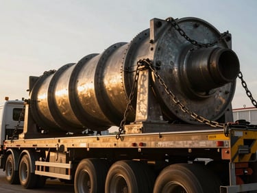 Low-angle wide shot of a multi-axle flatbed trailer loaded with a massive industrial component, secured with heavy chains, golden hour sunlight, metallic textures, 35mm lens.