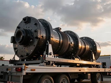 Low-angle wide shot of a specialized trailer securing an irregularly shaped, high-value industrial component, dramatic overcast daylight, highlighting rigging gear, 35mm lens.