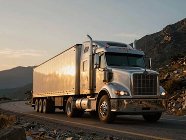Dramatic low-angle shot of a Rebel Trucking rig navigating a mountain pass at golden hour, emphasizing route complexity and scale.
