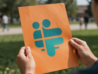 Close-up of hands holding a vibrant, warm orange and teal community poster in a sunny Calgary park, candid eye-level perspective showing texture and active outdoor setting.