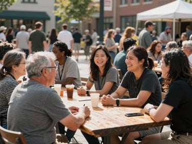 Candid eye-level shot of a diverse Calgary community gathering in a sunlit outdoor plaza, people laughing and talking around a rustic wooden table, bright natural daylight, warm atmosphere.