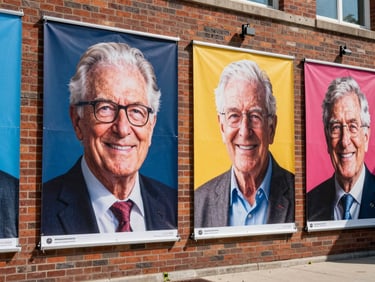 Vibrant outdoor public exhibition in Calgary, large-scale colorful posters displaying dignified portraits of smiling seniors mounted on brick walls, bright daylight.