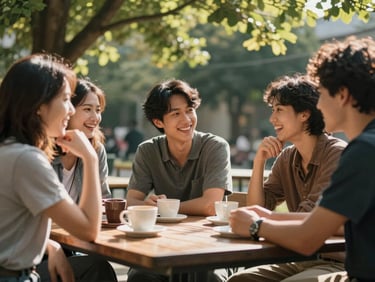 A small group of neighbors sitting together at an outdoor wooden table with coffee cups, laughing and talking under the shade of green trees, warm sun.