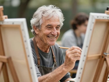 Candid shot of an older adult smiling warmly while painting on a canvas during an outdoor art workshop, natural daylight, soft background focus.