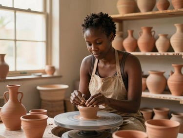 Medium shot of a Black woman artisan in her pottery workshop, surrounded by warm terracotta vessels, soft natural window lighting, rich organic tones.