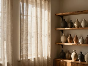 Serene wellness studio interior with soft linen curtains, warm wooden shelves holding ceramic bottles, beautiful natural light.