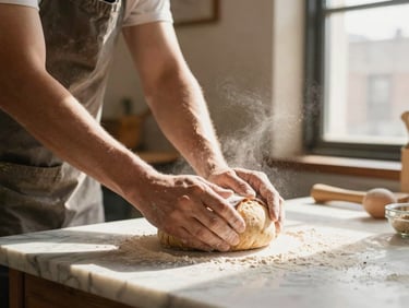 Hands kneading sourdough on a marble counter in a warm Brooklyn bakery, flour dusting the air, soft morning window light.