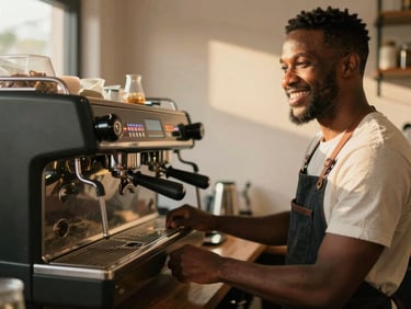 Warm environmental portrait of a Black male barista smiling behind a sleek espresso machine, soft golden-hour light streaming in.