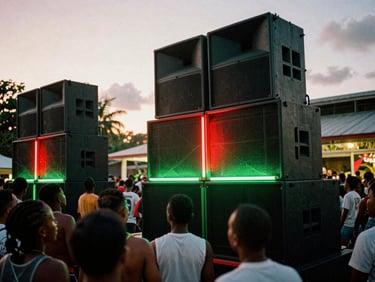 Raw night-time street dance in Kingston, massive speaker stacks glowing under neon green and red lights, crowded dancefloor, high-contrast, 35mm film grain.