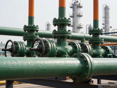 Close-up of industrial petroleum pipelines at a refinery, harsh natural daylight, deep green and safety orange tones, sharp focus, 35mm