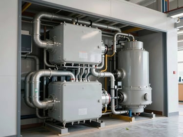 Well-organized interior utility space showing clean, modern mechanical systems and structured piping, bright even daylight.