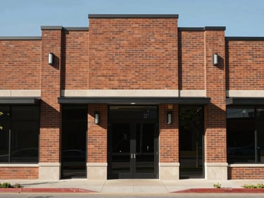Symmetrical, straight-on shot of a modern brick commercial building facade in Cheyenne, clean lines, bright natural daylight, high contrast.