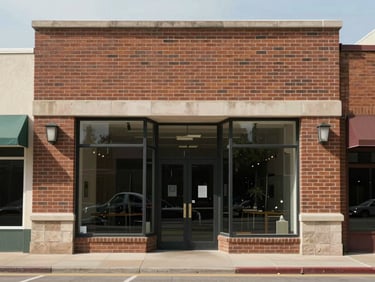 Straight-on symmetrical shot of a brick commercial storefront in Cheyenne under bright daylight, clean architectural lines.