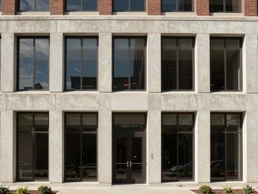 Straight-on architectural exterior of a professional office building in Cheyenne, clean concrete and brickwork.