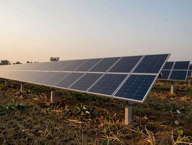 Wide panoramic shot of a ground-mounted agriculture solar array in a Bihar farmfield at harvest time, rows of panels at low angle under golden-hour light, crop field visible in the background, no people, mounting structure detail in foreground