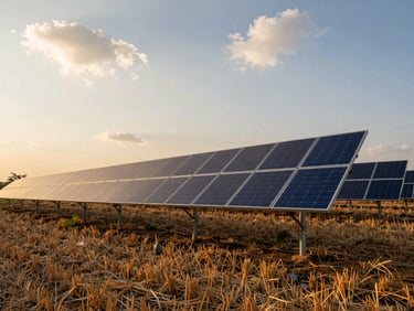 Wide environmental shot at golden hour of a completed ground-mounted solar array on flat agricultural land in Bihar, rows of dark-blue panels catching warm light, harvested crop stubble visible in the foreground, expansive sky with scattered clouds