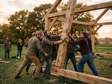 Candid 35mm film style photograph of local Ohio volunteers working together to raise a timber frame of a community shelter, warm golden-hour daylight casting soft shadows, focus on hands-on collaborative action.