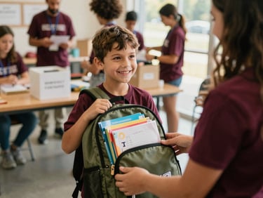A cheerful child smiling while receiving a new backpack filled with school supplies from a volunteer at a community center event in Ohio, soft natural light.