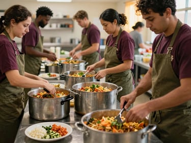 A bustling community kitchen in Ohio with volunteers in olive green aprons preparing hot, nutritious meals in large stainless steel pots, warm lighting.