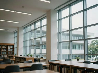 Modern university library interior with large glass windows, quiet intellectual atmosphere, soft natural light