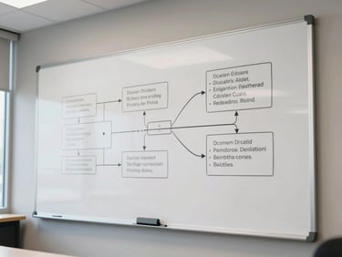 A professional seminar room with a clean white board showing structured diagrams, natural side lighting