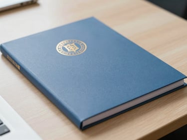 Close-up of a structured academic folder with official institutional seals on a clean wooden desk, soft daylight