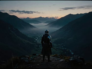 Wide cinematic anamorphic shot of a medieval warrior overlooking a misty mountain valley at twilight, dramatic rim lighting, moody low-key atmosphere, 35mm film texture.