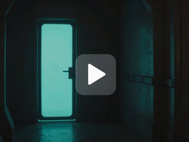 A cinematic video player interface showing a paused frame of a dark sci-fi corridor with a cyan glowing door, a prominent play button icon overlaid in the center, 16:9 aspect ratio.