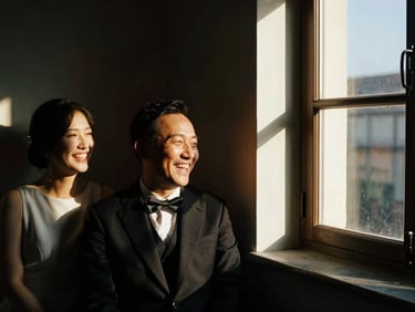 Candid wedding photography of a couple sharing a quiet laugh in golden hour window light, cinematic shadows, rich textures, 35mm film grain.