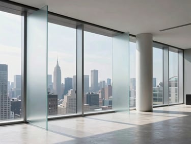 Minimalist penthouse interior in Manhattan featuring smart glass partitions that transition from clear to opaque, overlooking the city skyline, bright natural daylight, cool steel tones.