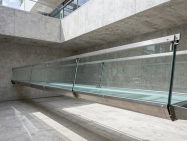 Architectural photography of a structural glass bridge suspended over a minimalist concrete atrium in Aspen, stainless steel tension rods, bright natural daylight, crisp reflections.