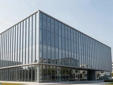 Wide-angle architectural photography of a minimalist modern building with a seamless structural glass facade, bright daylight, crisp reflections, cool steel tones.
