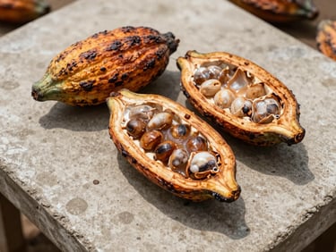 Cross-section of freshly split cocoa pods on a concrete fermentation table in Côte d'Ivoire, bright natural daylight, wet seeds visible in pulp, no hands, overhead documentary framing, ochre and ivory tones