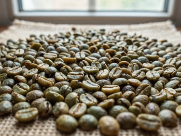 Extreme close-up overhead flat-lay of sorted green coffee beans spread on a burlap surface, lot-number tag visible at the edge, natural daylight from a high window, documentary clarity, varied bean color showing moisture variation