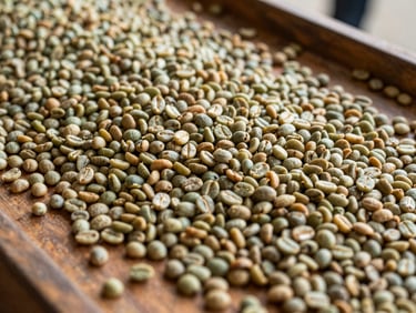 Extreme close-up of green coffee beans spread across a wooden sorting table at a Kenyan processing station, natural daylight, visible size and color variation between beans, no hands, documentary flat-lay framing