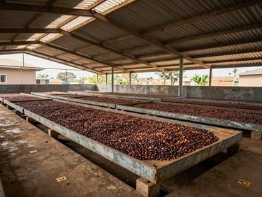 Close wide shot of a drying facility interior in West Africa, rows of raised drying beds with cocoa beans spread under a corrugated roof, natural daylight filtering through open sides, concrete floor with lot number markers visible, documentary clarity, no people