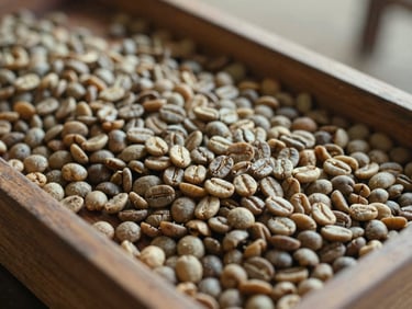 Close-up of Ethiopian washed coffee beans in a wooden sorting tray, natural daylight, bean texture and color variation visible, documentary clarity