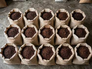 Overhead flat-lay of dried coffee beans sorted into labeled cloth sacks on a concrete warehouse floor, lot number tags visible, natural warehouse light, no people, documentary clarity, wide angle from directly above
