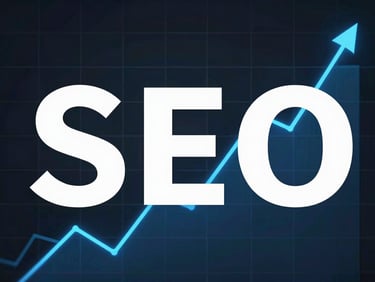 High-contrast top-down view of a clean SEO performance chart, electric blue lines climbing steadily on a dark grid, sharp white typography, minimalist UI style.