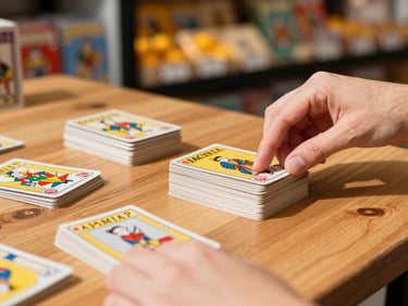 Hands shuffling a pristine deck of trading cards on a wooden tabletop, warm natural light, shallow depth of field