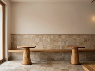 Warm architectural photography of a minimalist independent cafe interior with natural light, warm wood accents, and custom ceramic tiles, muted earth tones, high-end editorial, 35mm lens