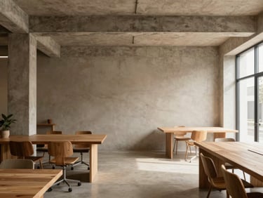 Warm architectural photography of a minimalist creative office interior with natural light, exposed concrete, and custom wood furniture, muted earth tones, high-end editorial, 35mm lens