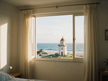 bright editorial photography of Farol da Barra in Salvador, warm golden hour sunbeams, viewed from a cozy apartment interior, 35mm film