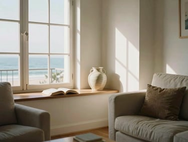 Cozy sunlit living room of Vintage Cosy apartment, warm coastal tones, reading nook with ceramic vase, soft shadows.