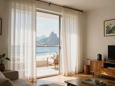 Cozy sunlit apartment interior in Rio de Janeiro, ocean breeze blowing white curtains, elegant wooden furniture, mid-century modern style, warm daylight.